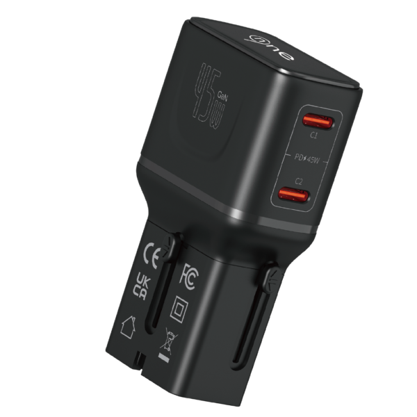 NINE USB WALL CHARGER BLACK POCKET TRAVEL TWO PORT PD 45W Gan WORLD WIDE TRAVEL CHARGER